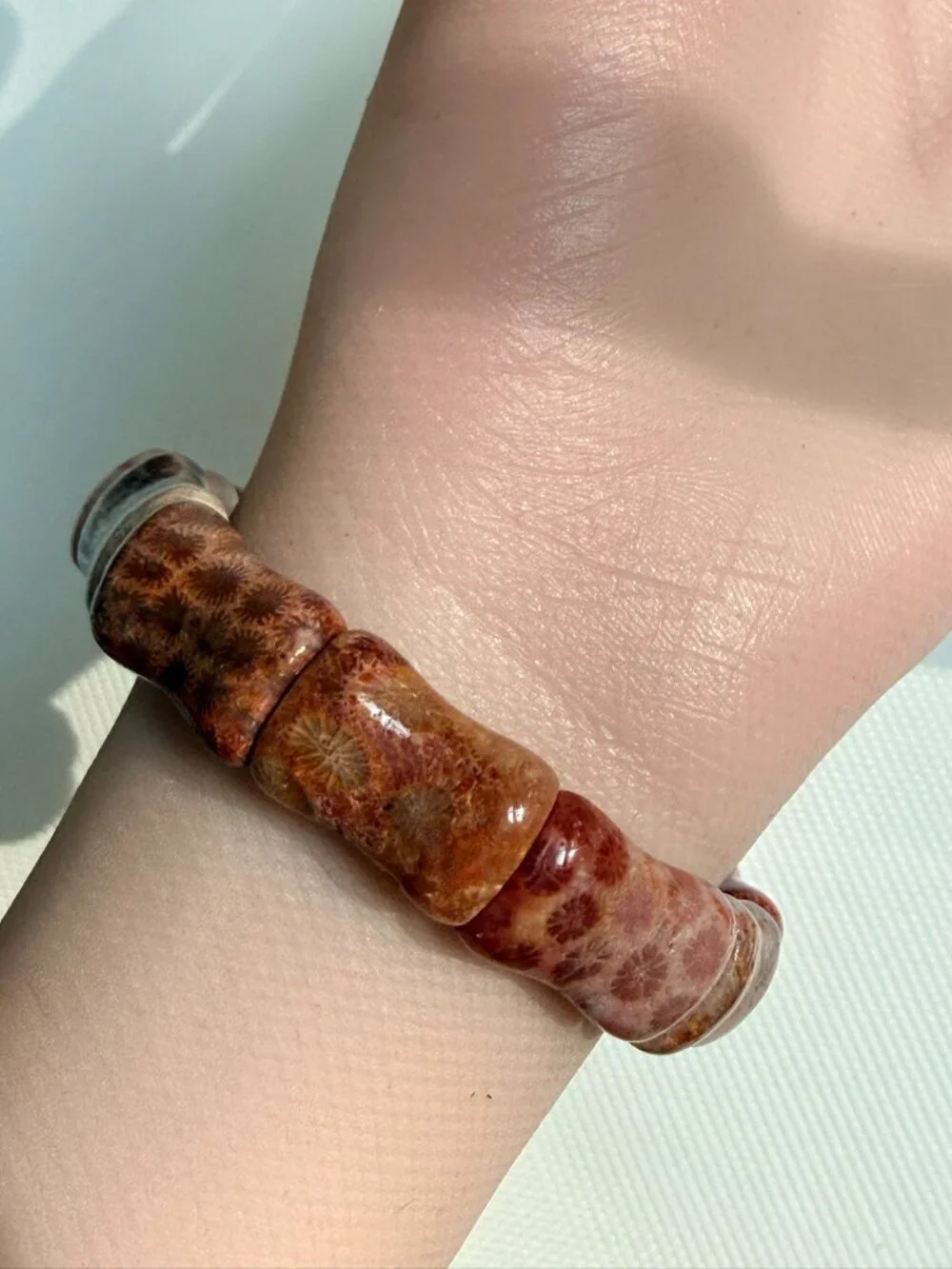 Natural Fossil Coral Bamboo Stretch Bracelet | Handmade in USA | Unisex
